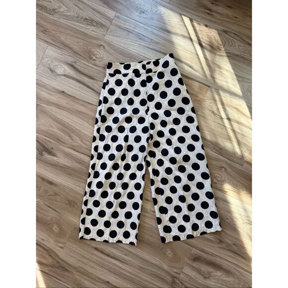 Zara High Waist Wide Leg Satin Polka Dot Cropped Pants Size M - Picture 2 of 12